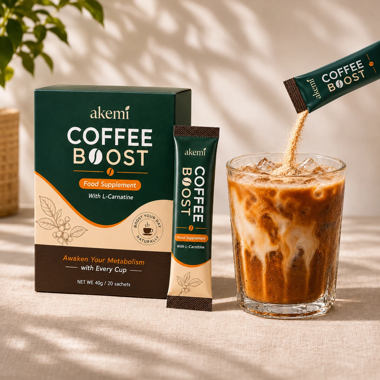 Akemi Coffee Boost box and sachet